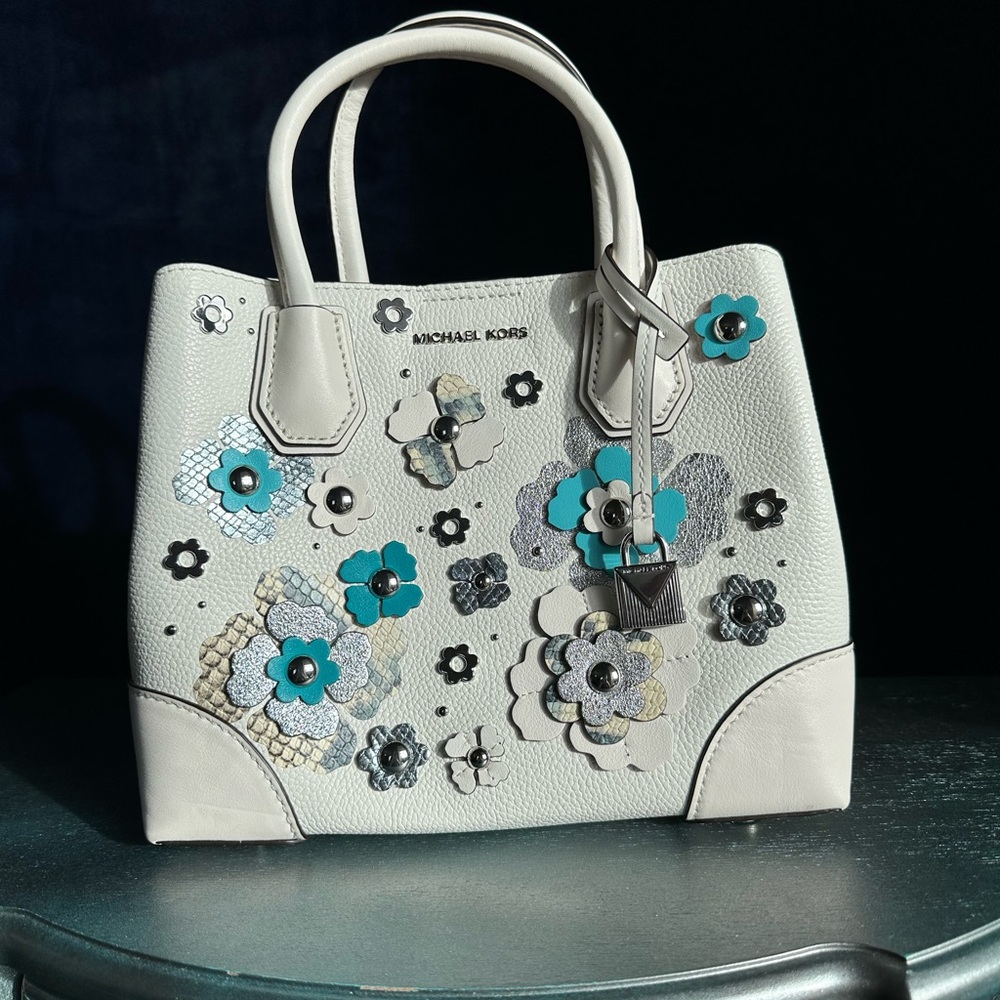 Michael Kors Floral Embellished Cream and Blue Handbag-New!